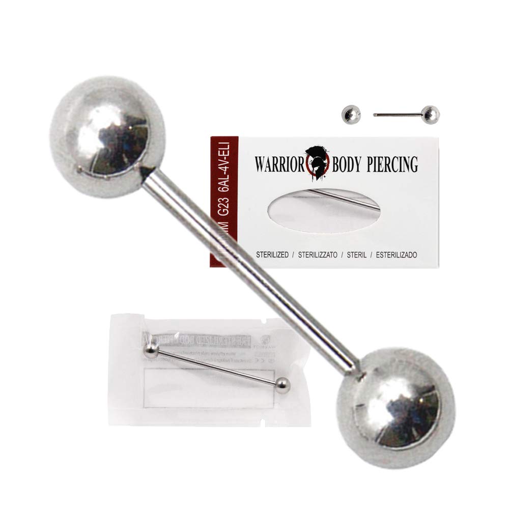 WARRIORPiercing de lengua barbell estéril de titanio G23 medida 14G (1,6 mm) con dos bolas de 5 mm Paquete individual pieza PTL-01