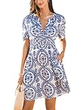 CUPSHE Womens Summer Dresses 2025 V Neck Short Sleeve Flowy A-line Beach Vacation Dress with Pockets Blue M