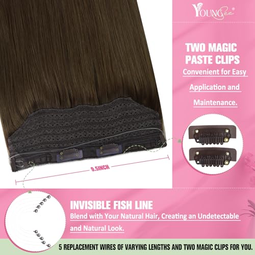 Image of YoungSee Wire Hair Extensions Real Human Hair Brown Wire Extensions Real Human Hair Brown Straight Human Hair Fish Line Extension Easy to Apply and Remove 18 Inch 80g