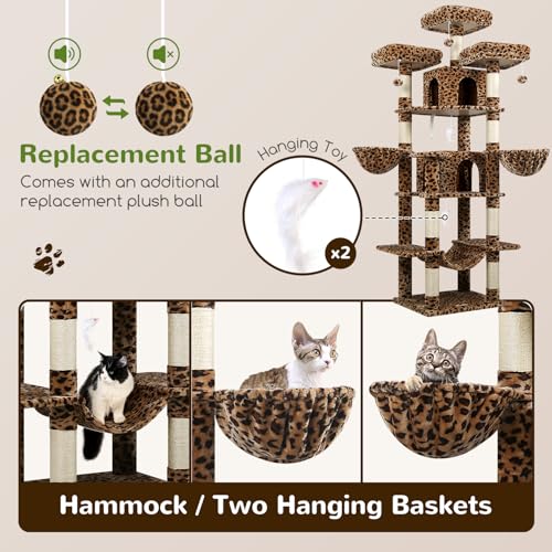Image of Globlazer Big Cat Tower for Indoor Cats, 80inch Cat Tower for Multiple Adult Cats XXL Cat Tree with Scratching Post, Hammock, 3 Perches, 2 Condos, 2 Hanging Basket, F80, Leopard Print