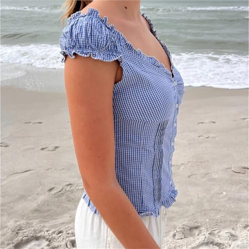 Women Y2K Short Sleeve Babydoll Tops V Neck Button Up Ruffle Hem Slim Teen Girls Tshirt Cute Aesthetic Shirts3