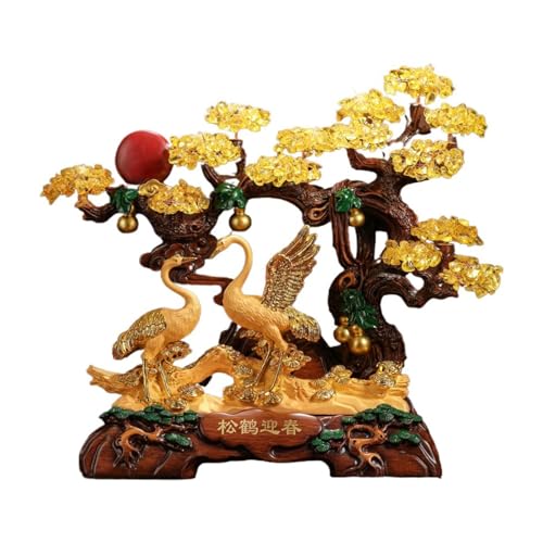 Borddekoration Graceful Crane Crystal Tree - Golden Citrine ädelstensdekor for rikedom och välstånd, utsökt Feng Shui Crane Staty for hem eller kontor Tur(Gold,Stor)