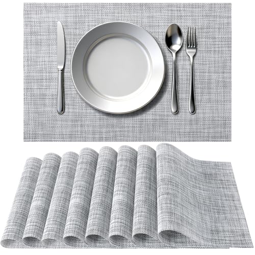 Timeet Placemats Set of 8, Heat Resistant Non-Slip Place Mats for Dining Table, Durable Washable PVC Vinyl Woven Table Mats, Linen Textured Placemats for Kitchen Resistant Easy to Clean(Gray