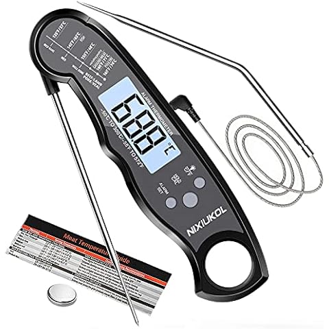 NIXIUKOL 2 in 1 Instant Read Food Thermometer, Digital Meat Thermometer Oven Safe with 2 Probe, Alarm Function, Backlight, Cooking Thermometer for Kitchen and BBQ, Black Cover