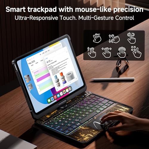 Image of Clear Wireless Keyboard Case for iPad (A16) 11th Generation 11-inch 2025 / iPad 10th Generation 10.9-inch 2022 with Pencil Holder & Multi-Touch Trackpad, 7-Color Backlit, 360 Rotatable,Black