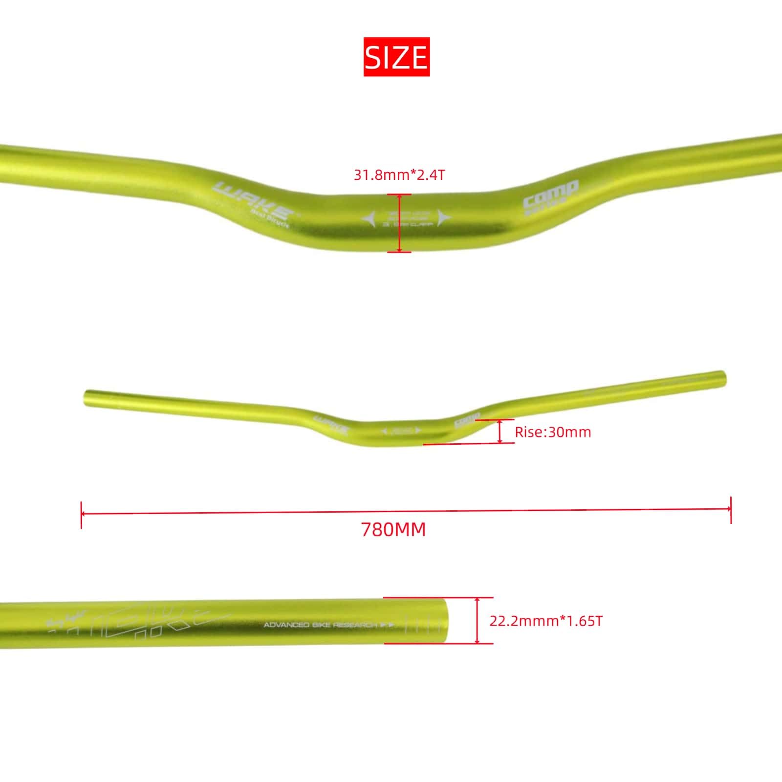 TRKIMAL φ31,8mm Długa kierownica do roweru MTB 780mm z podwyższeniem 30mm, kierownica do jazdy zjazdowej, wyścigów off-road, MTB, BMX (Zielony)