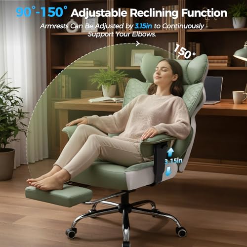 Image of COMHOMA Big and Tall Office Chair Heavy Duty Wide Ergonomic Gaming Chair with Deluxe Embossing Designed Leather with Foot Rest,150Reclining Adjustable Armrests Pocket Spring Back Support and Pillow