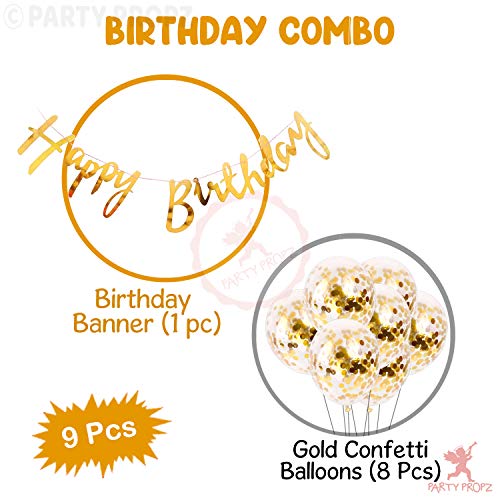 Image of Party Propz Golden Happy Birthday Banner - 9 Pcs Birthday Decorations Kit With Golden Confetti Balloons For Decoration | Bday Decors Items for Wife | Birthday Decorations for Husband