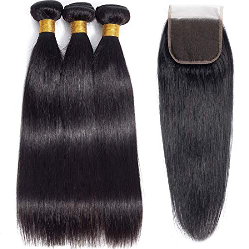 Brazilian Straight Hair 3 Bundles With Closure (16 18 20 with 14 inch) 9A Unprocessed Virgin Brazilian Straight Human Hair Weave Bundles with Closure Natural Color