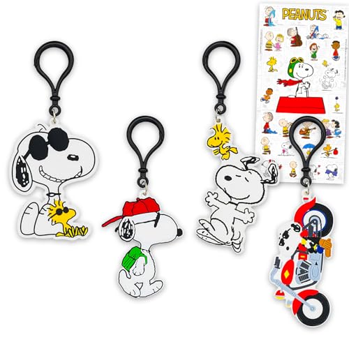 Peanuts Keychain Set - 4 Pc Keychain Bundle Featuring Snoopy and Woodstock for Kids Men Women Plus Stickers | Peanuts Snoopy Party Favors Pack