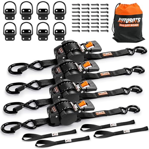 AUTOBOTS Retractable Ratchet Straps (4-Pack) 1” X 10ft (1,800lb Break Strength) - Heavy Duty Auto Self Tie Down Straps with (8) Tie Down Anchor for Cargo Trailer, Truck, Motorcycle, ATV, UTV by AUTOBOTS - Used condition - US$56.99