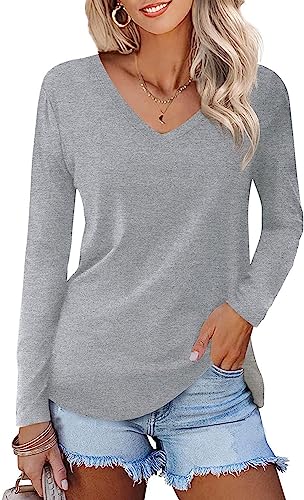 Camiseta Mujer de Manga Corta/Larga con Cuello en V Blusa Originales Elegantes Básicas Tops Casual para Verano Invierno (C-Gris Claro, M)