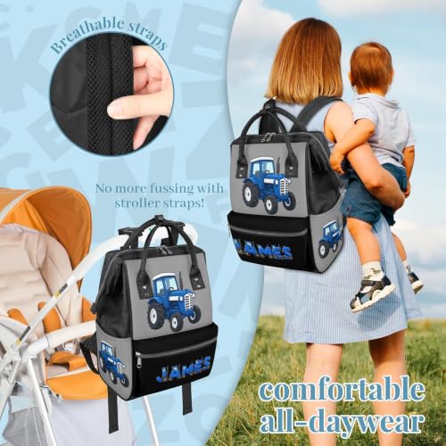 Image of Large Diaper-Bag-Backpack Waterproof Nappy-Bag Baby-Gifts Tractor | Monogramd Baby Nappy Bag for Traveling Stroller Organizer Mommy Bag for New Parents Mom Dad Personalized Baby Shower Gifts