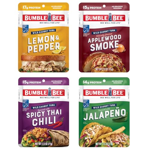 Image of Bumble Bee Seasoned Tuna Pouch Favorite Flavors Bundle (4 Total Pouches) - Lemon & Pepper Tuna, Applewood Smoke Tuna, Spicy Thai Chili Tuna, and Jalapeno Tuna - Ready to Eat 2.5 oz Packets