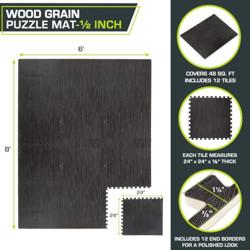 Image of ProsourceFit Wood Grain Puzzle Mat 1 /2-inch, 12 EVA Foam Interlocking Floor Tiles (48 SQ FT) for Secure Indoor Gym Flooring, Office Spaces, Living Rooms, and Play Areas, Carbon Black