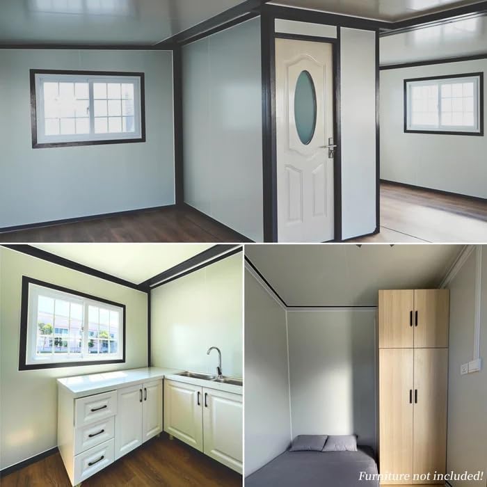 Interior views of the FammyLoft Tiny Home, showing kitchen, bedroom, and wardrobe areas