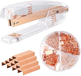 Office Stapler for Desk, Rose Gold Stapler Set Transparent, Small Stapler with 1000pcs Staples & Binder Clip Set