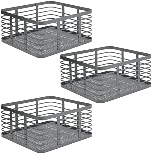 mDesign Wire Storage Basket  Wire Basket for Storing Diverse Items  Metal Basket for Kitchen, Bedroom, Bathroom  Set of 3  Dark Grey