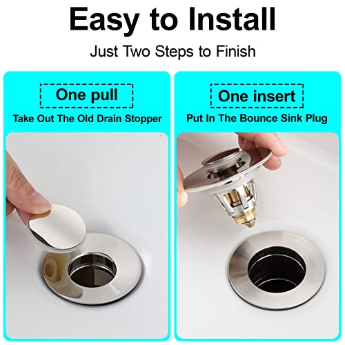 Universal Bathroom Sink Stopper - Bounce Wash Basin Drain Filter, Stainless Steel Pop Up Drain Stopper, Bullet Core Push Type Sink Stopper, Sink Drain Plug With Anti-Clogging Strainer, Brushed Nickel #TOP4