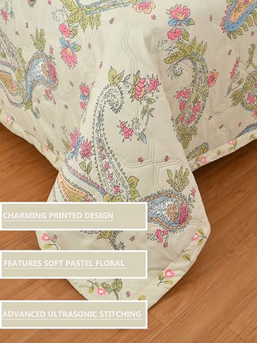 Image of IVAZA Luxury Ultrasonic Punch AC Comforter Blanket - Quilted Microfiber Floral Pattern, Lightweight Breathable All‑Season Blanket for Bedroom, Travel (Singled Bed,228x152 CM) (Paisley Beige)