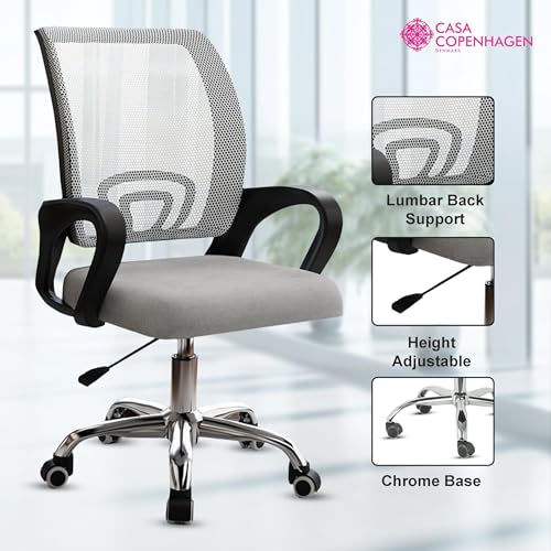 Image of Casa Copenhagen Mesh Mid Back Office /Study /Computer /Revolving /Desk Chair for Work from Home -Metal Base, Height Adjustable Seat - Grey Milange & Black Handle