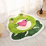 FGCOGOD Cute Frog Bath Mat for Bathroom, Cool Rug Non-Slip for Shower, Soft and Absorbent Microfiber Tub Rug with Lotus Leaf, Funny Animal Shaped Washable Floor Mats Kids Room Aesthetic, Green