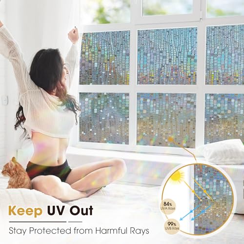 Image of Windimiley Rainbow Window Privacy Film, 3D Stained Glass Christmas Decorative Window Clings, UV Heat Blocking Holographic Prism Stickers for Home (35.4 x 157.5In,Brown)
