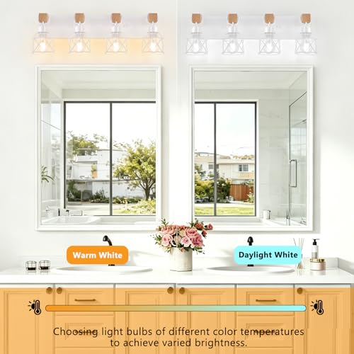 Image of FadimiKoo 4-Light Farmhouse Vanity Lights for Bathroom, White Wood Bathroom Light Fixtures Over Mirror, Rustic Vanity Lights with Metal Shade, Bathroom Lighting for Living Room, Bedroom, Hallway