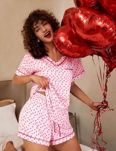 Image of ASTANFY Valentines Day Pajamas Women 2 Piece Silk Valentine Pjs Cute Heart Pajamas V Neck Satin Sleepwear Loungewear Set