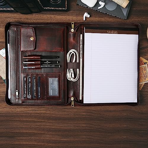 Gzrhkj Genuine Leather Portfolio Organizer，Professional Business Portfolio Padfolio Folder With Zipper For Men And Women，13×10 Inch Customized Leather Padfolio——Reddish-Brown #TOP5
