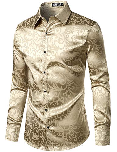 ZEROYAA Men's Luxury Jacquard Long Sleeve Dress Shirt Shiny Satin Slik Like Wedding Party Prom Shirts ZLCL27-Champagne Small