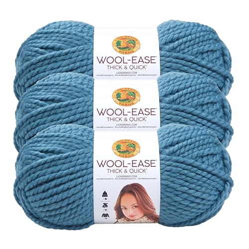 Image of Lion Brand Yarn, Wool-Ease Thick & Quick Yarn, Air Force, Blue, 3 Pack | Super Bulky Wool Acrylic Blend Fiber for Soft Hats, Sweaters, Chunky Blankets, Yarn for Crochet, Knitting, Crafts, Weaving