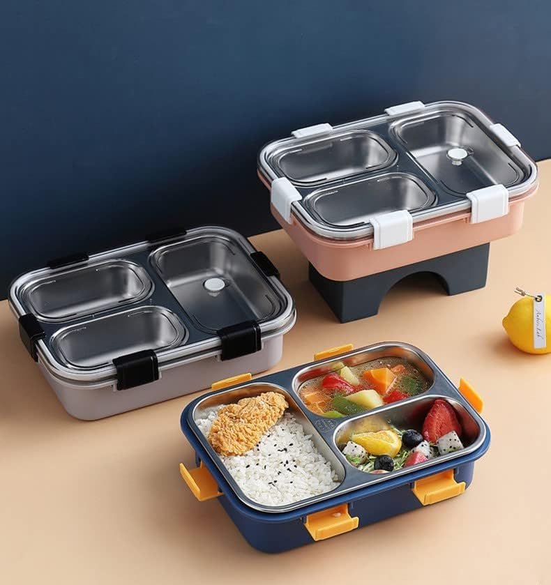 Image of 3 Compartment Stainless Steel Lunch Box with Removable Inner Plate for Kids and Adults, Microwave Freezer Safe Leak-Proof Lunch Box for School & Office use(750ml)