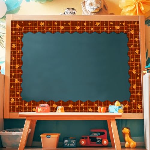 Image of BeYumi Fall Plaid Border Trim - 65ft Fall Maple Leaves Plaid Scalloped Rolled Border Trim Autumn Thanksgiving Brown Bulletin Board Set Harvest Party Decor Classroom Office Chalkboard Door Decoration