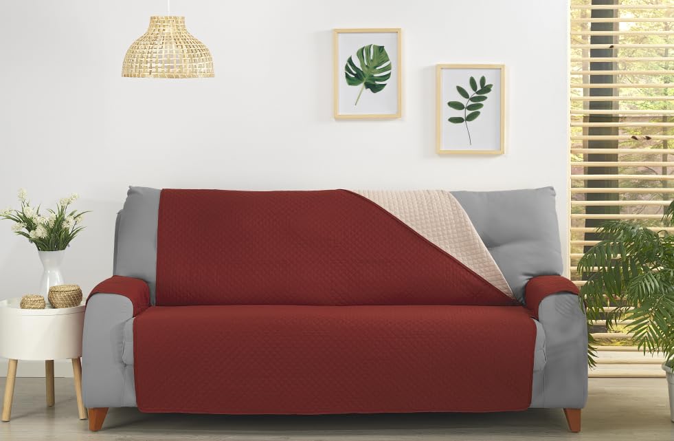 Sofa Cover for 3 Seaters, Adjustable and Washable Sofa Cover, Stain Resistant and Resistant, Ideal Protection for Pets, Modern Design and Comfortable for Home (Maroon/Beige)