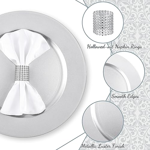 Tanlade 100 Pcs Charger Plates Set Bulk Include 50 Plastic Plate Chargers and 50 Napkin Rings 13\" Round for Dinner Table Setting Wedding Baby Shower Decoration(Silver)