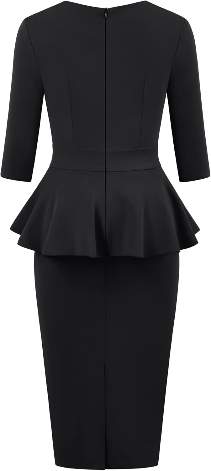 MUXXN Women's 1950s Vintage 3/4 Sleeves Ruffles Bodycon Flattering Casual Formal Pencil Dress - Image 2