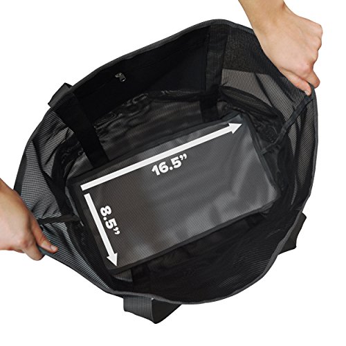 Dejaroo: Mesh Sand Free Bag - Strong Lightweight Tote For Beach & Vacation Essentials. Tons of Storage with 8 Pockets, Foldable, 17x9x15 inches, Black with Black Straps