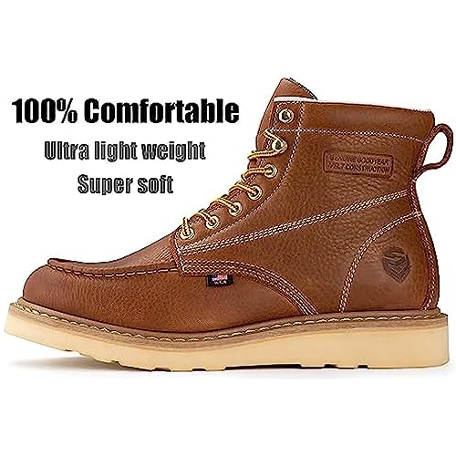 SUREWAY 6 in Mens Soft Toe Work Boots for Men-Full Grain Leather,Goodyear,Non-Slip EH Safety Industial Construction Wedge Moc Toe Work Boots/Shoes,Soft Toe Tobacco,Size 6.52