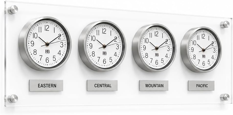BBHORAIRE Silver Time Zone Wall Clock, Silent Quartz Analog World Clock for Home or Office, Battery Operated, 32x12 Inch