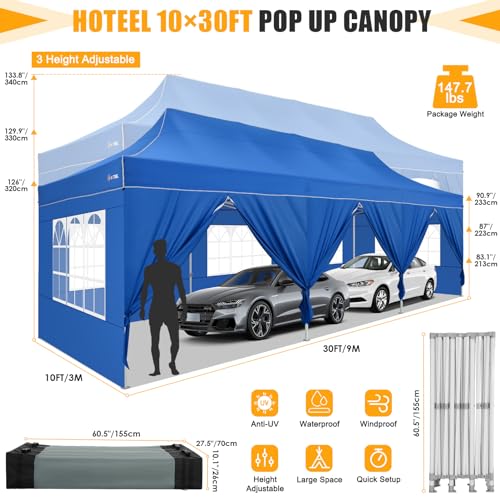 Image of HOTEEL Tents for Parties 10x30 Pop Up Canopy Tent Heavy Duty with 8 Sidewalls, Commercial Party Tent Event Wedding Instant Canopy Waterproof with Carry Bag, UV 50+, Thicked Hexagonal Legs, Blue