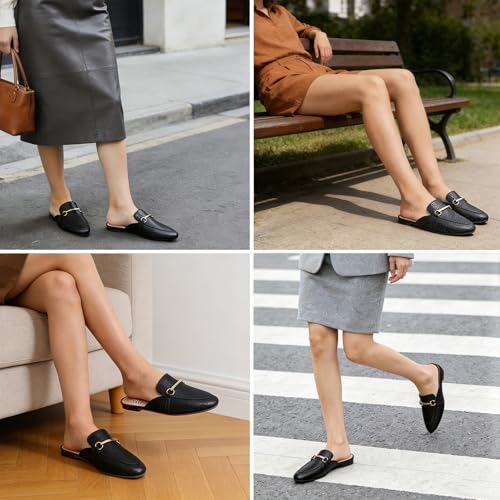 Image of MUSSHOE Gold Buckle Mules for Women - Comfortable Memory Foam Loafers, Classy Slip On Flats for Office Business Casual, Dressy Pointed Toe Shoes