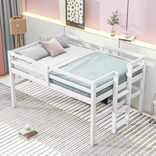 Twin Size Low Loft Bed, Wood Loft Bed with Side Ladder and Safety Guardrails, Twin Loft Bed Frame for Girls, Boys, Kids, Teens, White.