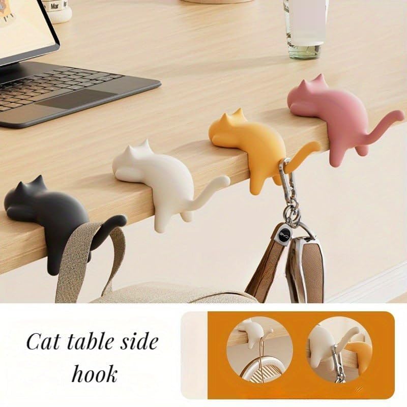 Cute Cat Table Side Hook for Desk, Self Adhesive Edge Hanger for Bags, Headphones & Cables, Heavy Duty Space Saving Organizer for Office & Home Multicolor (Pack of 4) 4
