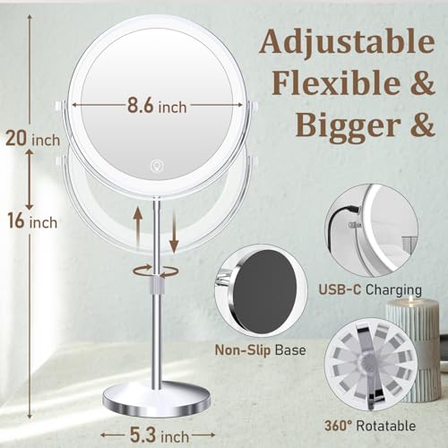 Unimiro 9inch Makeup Mirror with Lights, 1x/20x 5000mAh Rechargeable Magnifying Mirror with Light, 360° Rotate Bathroom Mirror with Lights, 3 Color, 80 LEDs, Stepless Dimmable by Generic - Image 2