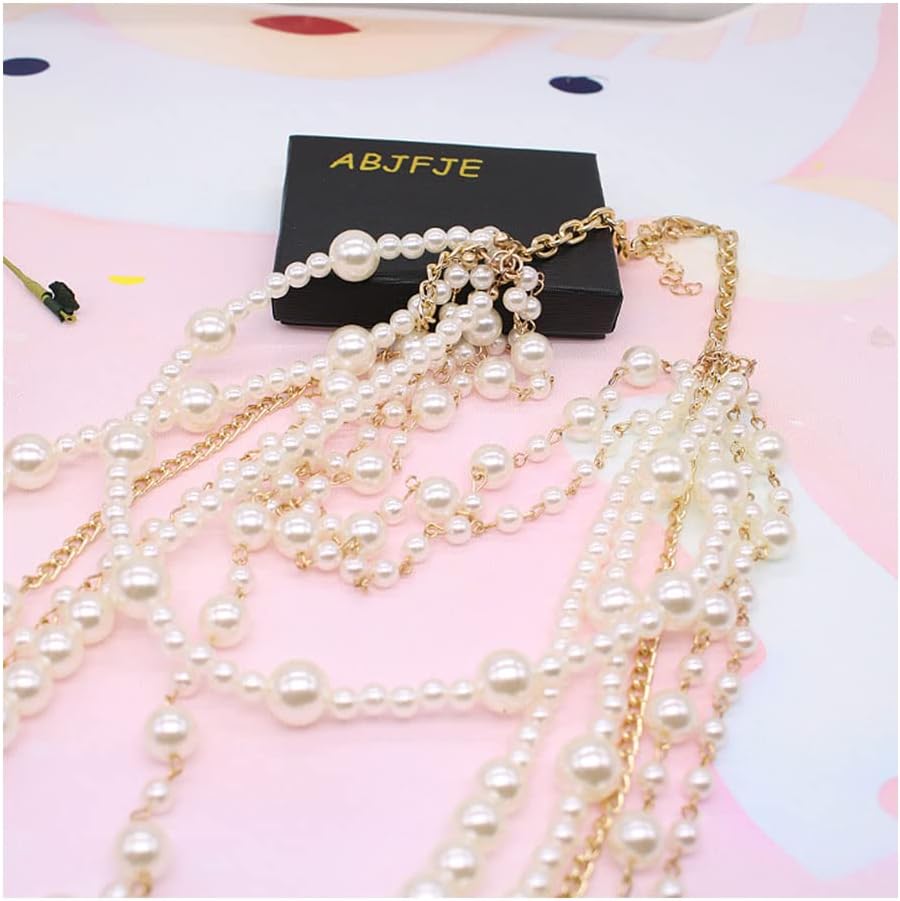 ABJFJE Womens Multi Layer Faux Pearl Crystal Flower Choker Necklace and Drop Earring Set Fashion Large Simulated Pearl Statement Collar Bib Long Sweater Necklace Costume Jewelry Set - Image 7