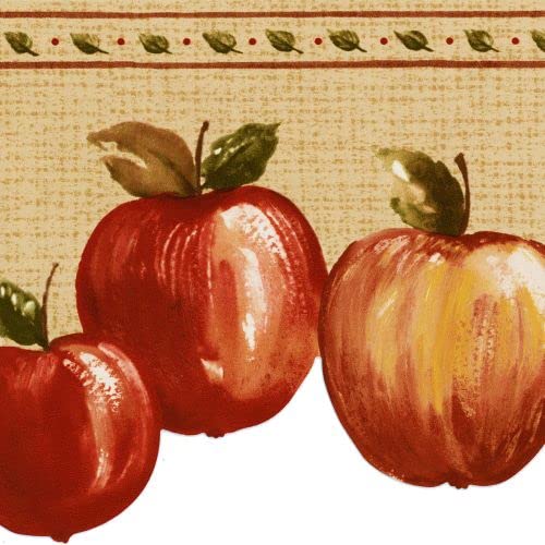 CONCORD WALLCOVERINGS ™ Red Apple Kitchen Wallpaper Border, 6.5' x 15' Country Farmhouse Fruit Design, Prepasted Washable Vinyl for Kitchens, Rustic Charm & Beige Ground #BP007151