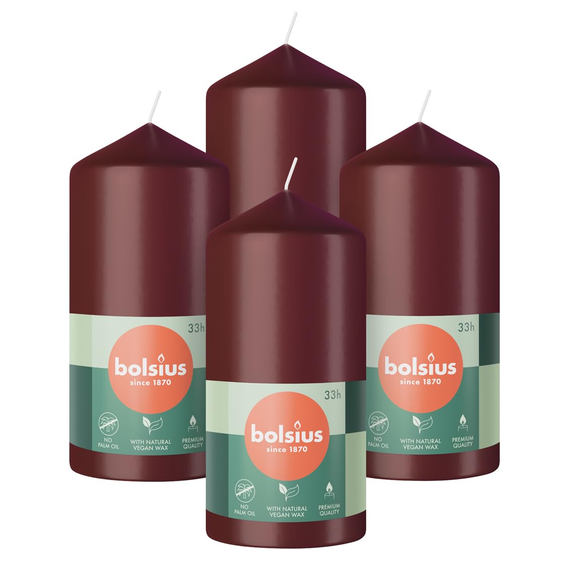 Bolsius Pillar Candles - Dark Red - 4-Pack - 12 x 6 cm - Decorative Household Candles - Long Burning Time of 33 Hours - Unscented - Includes Natural Vegan Wax - Without Palm Oil