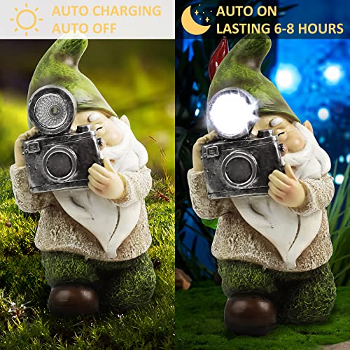Eptuega Garden Gnome Statue Resin Gnome Figurine， Take A Photograph Gnome Statue，With Solar Led Lights, Outdoor Decorations Art Sculpture For Patio Yard Lawn Garden Decor Lawn Ornaments Gnomes Gifts #TOP3