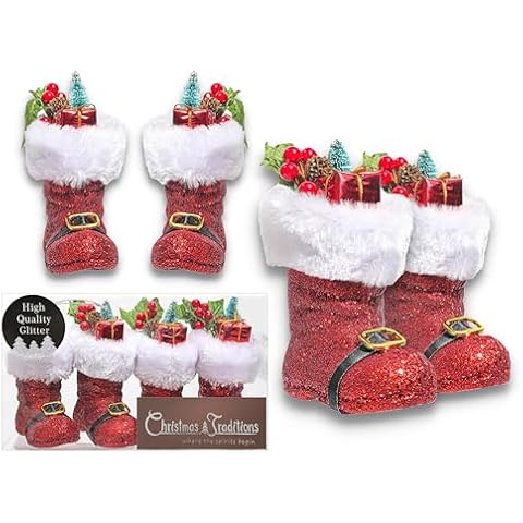 Christmas Traditions 4 inch Glittered Stuffed Red Santa's Boots Ornaments (Set of 4) Hanging Tree Decorations Christmas Tree Ornaments (Red-Stuffed) Cover